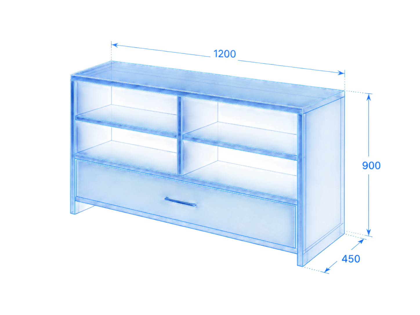 Móvel em blueprint com cotas